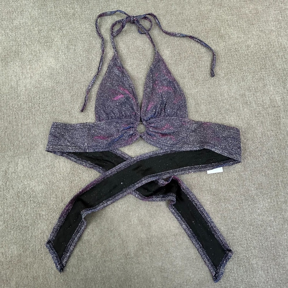 Cider‎ Crop Top Womens XS Purple Glitter O Ring Backless Halter Neck Tie Waist